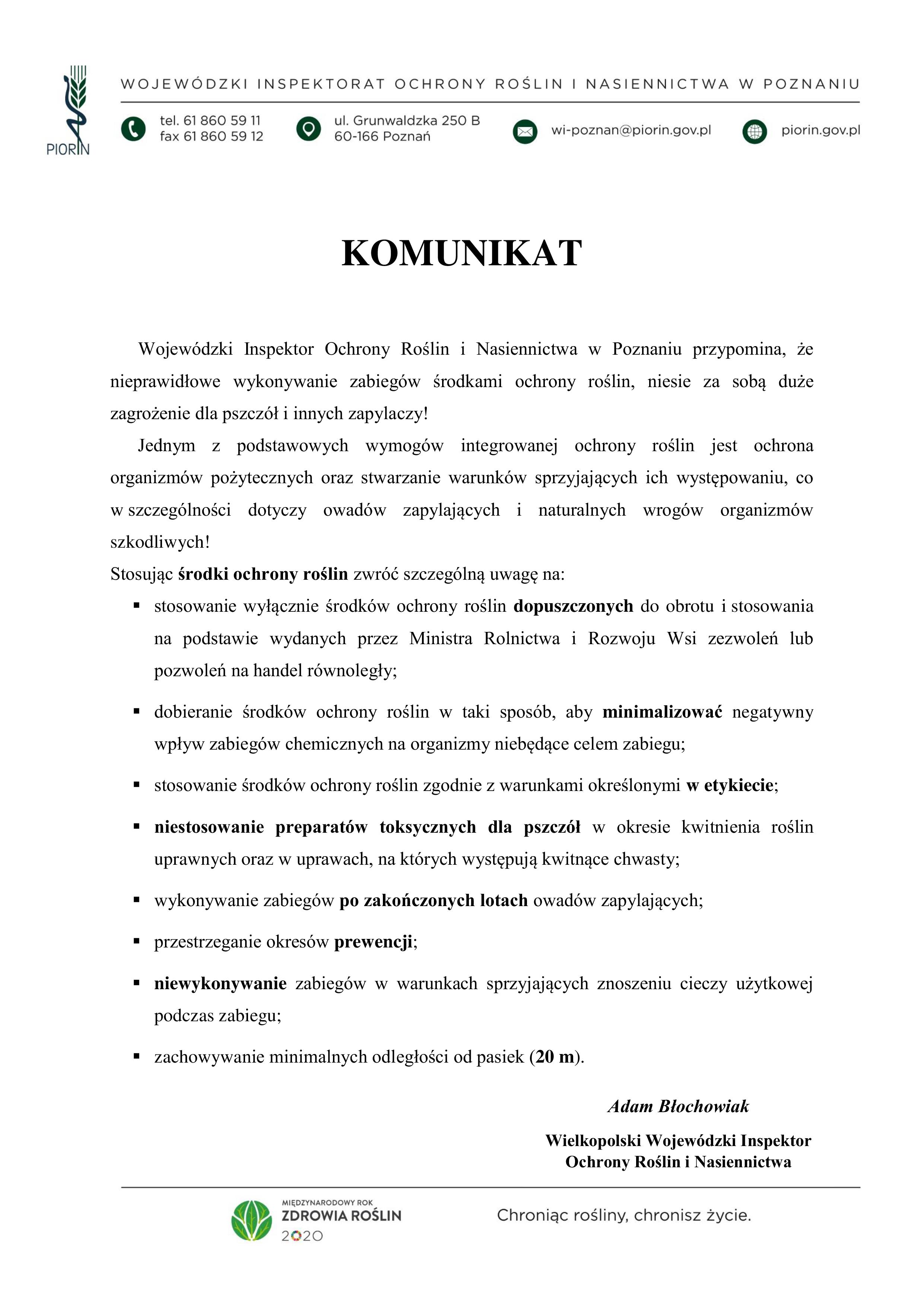 Pismo Wojewódzkiego Inspektoratu Ochrony Roślin i Naśiennictwa 