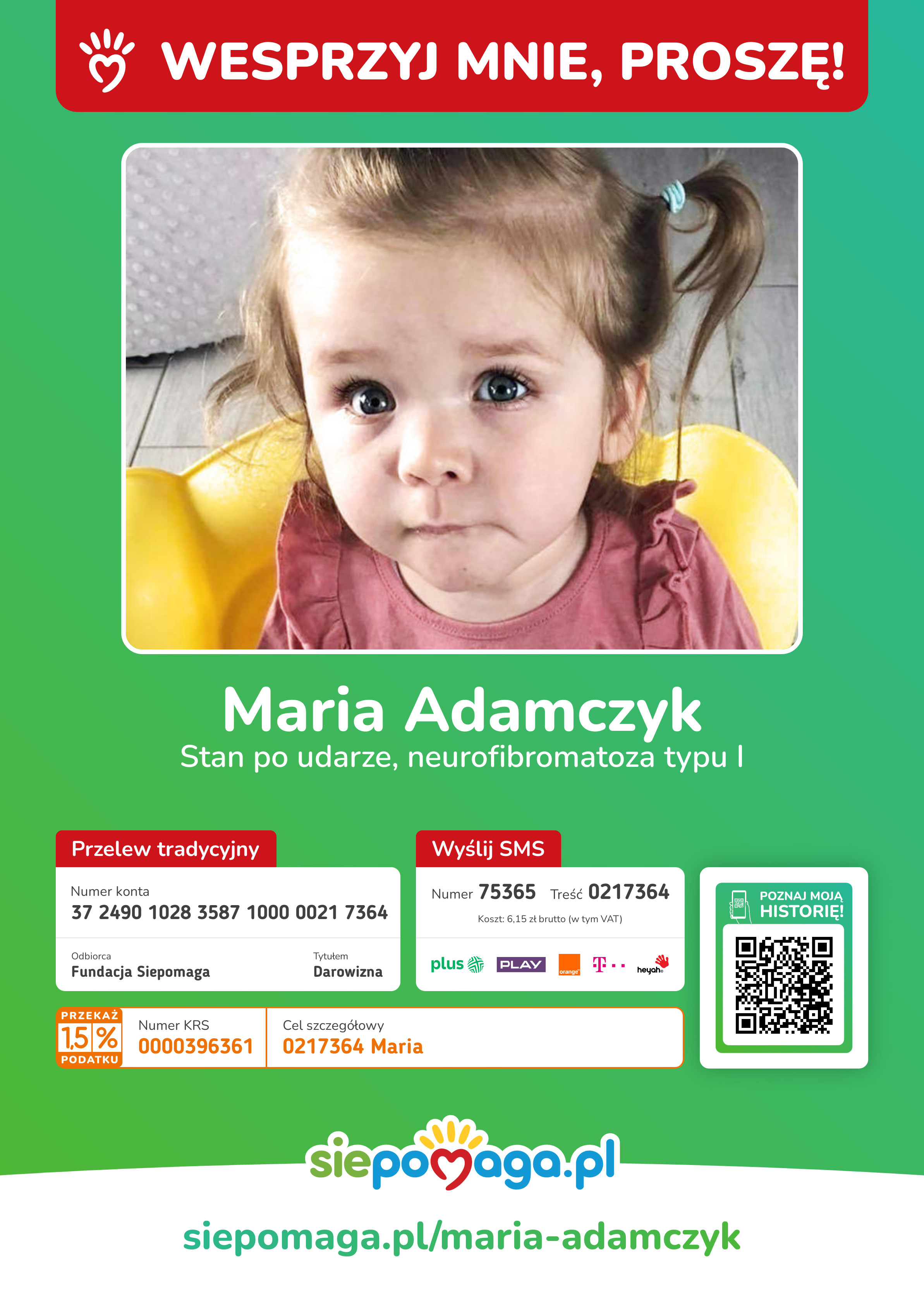 Plakat z prośbą o pomoc finansową dla Marysi Adamczyk