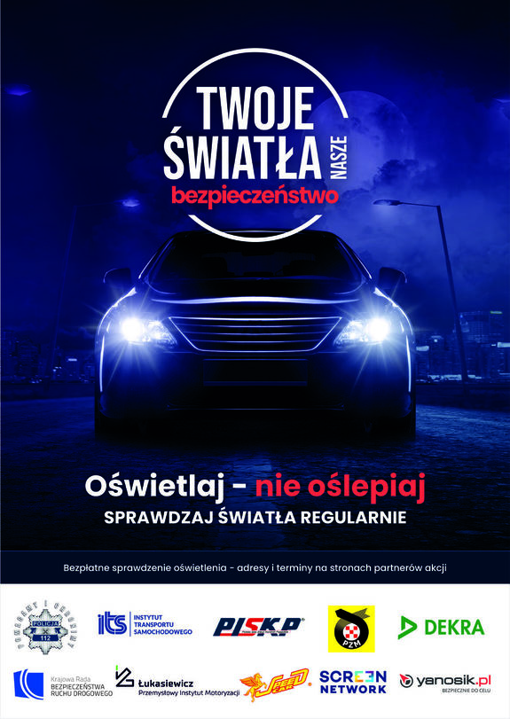 Plakat reklamujący akcję policji badania stanu oświetlenia pojazdów