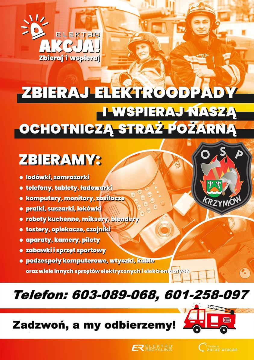 Plakat akcji zbierania elektrośmieci w OSP Krzymów